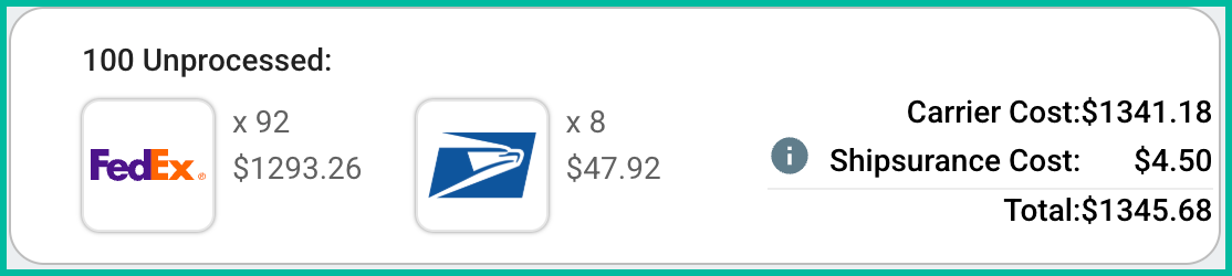 Rate Selector showing total shipping cost breakdown for 100 shipments