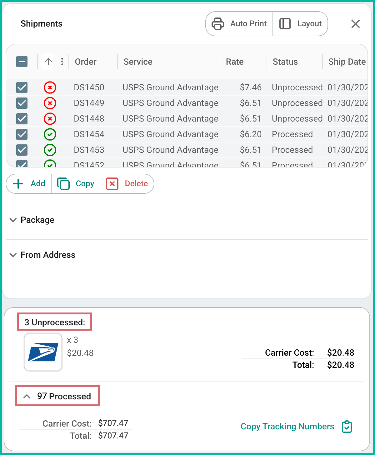 The rate selector shows the number of processed and unprocessed shipments and the associated costs.