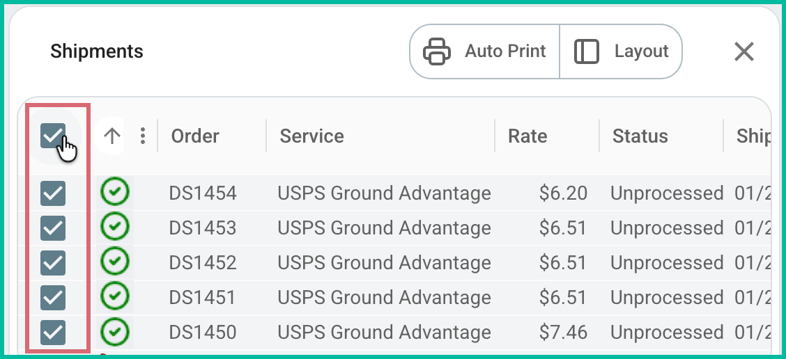 All shipments are selected