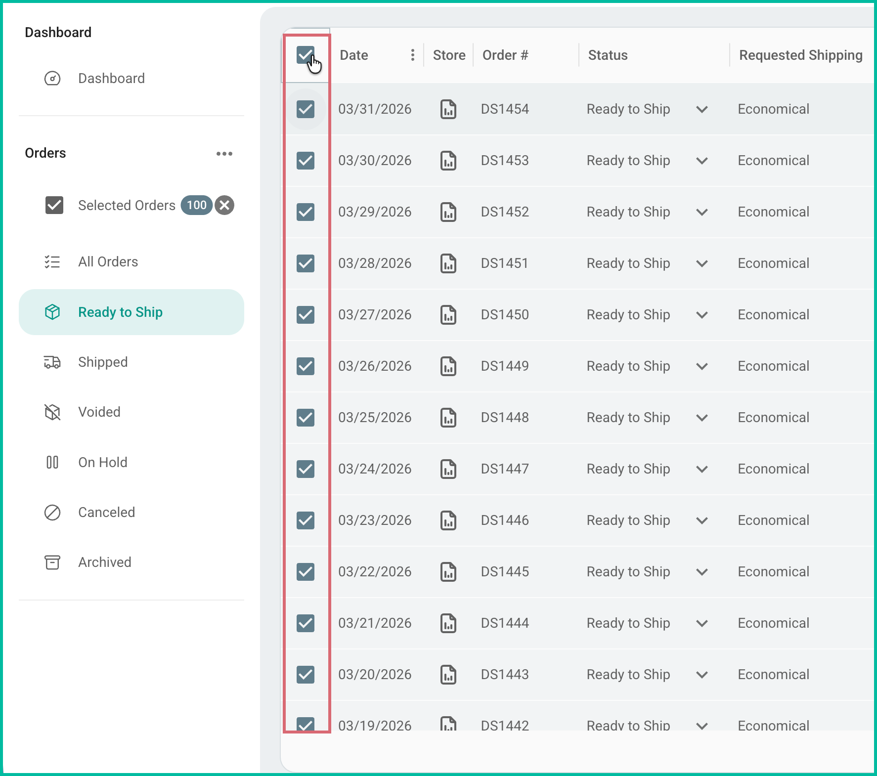 One hundred orders are selected in the orders grid.