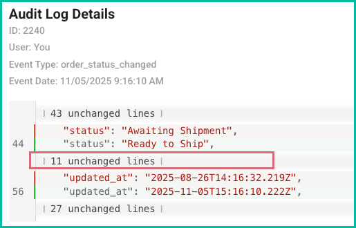 11 unchanged lines is hovered over in the log.