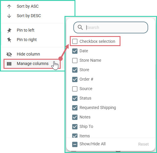 Uncheck Checkbox Selection in the Manage Columns panel