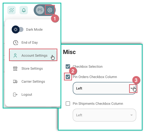 Pin Orders Checkbox Column setting in Account Settings Misc section