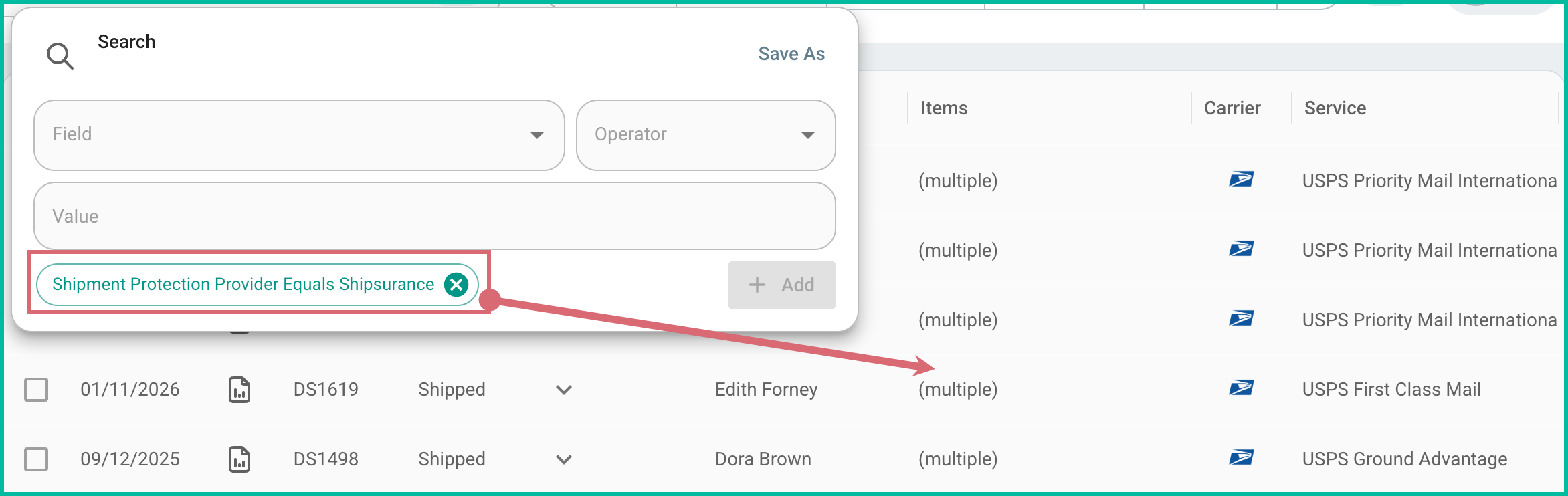 The criterion is added and the results are shown in the orders grid.