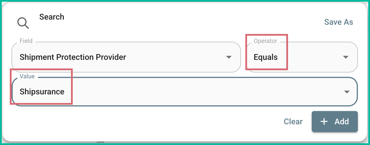 Equals is the operator and Shipsurance is the operator.