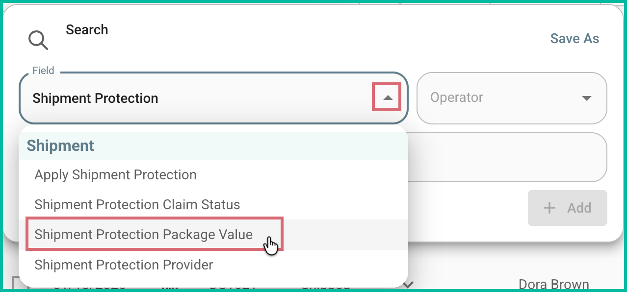 Shipment Protection package value is being selected as the fiels.