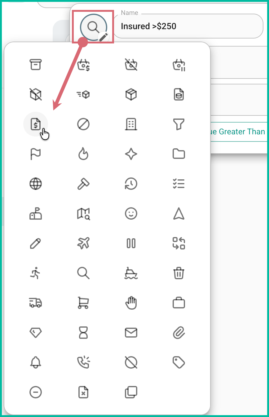 An icon is being selected from a list of available icons
