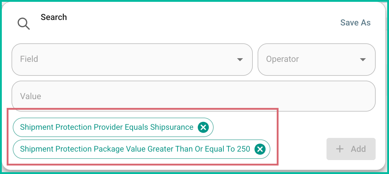 Advanced Search with Shipsurance provider and package value criteria