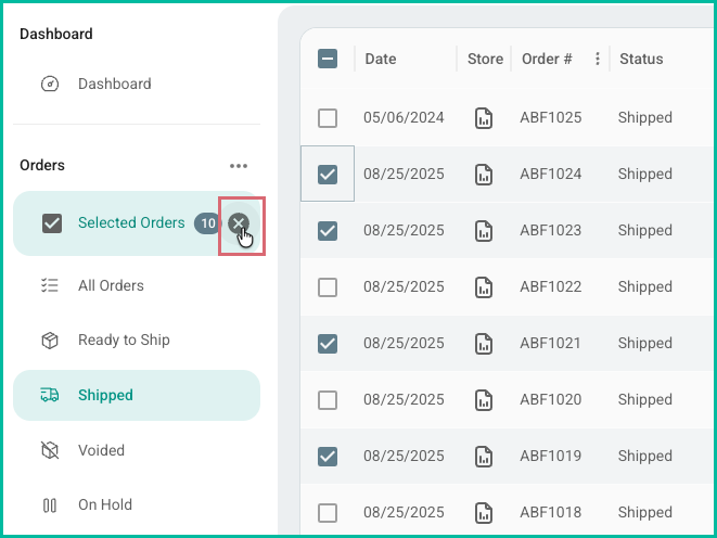 Click the X on Selected Orders filter to deselect all orders