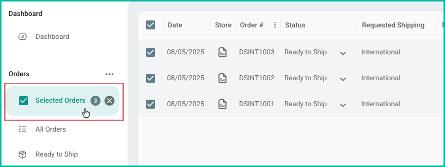 Selected Orders filter showing the count of selected orders