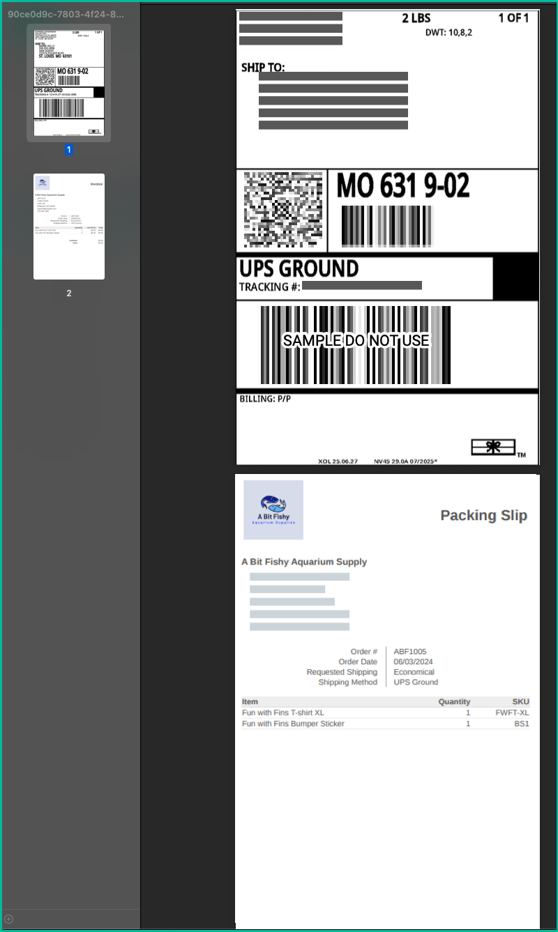 Print preview showing a shipping label alongside a packing slip