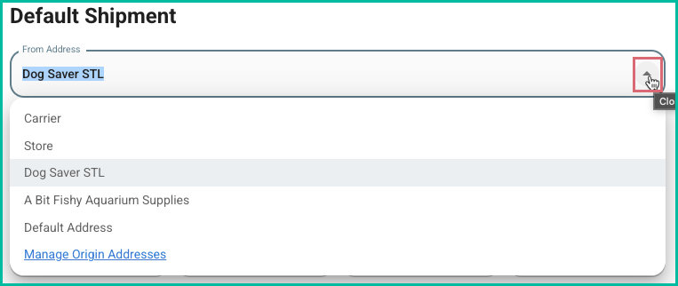 From Address drop-down showing available origin addresses