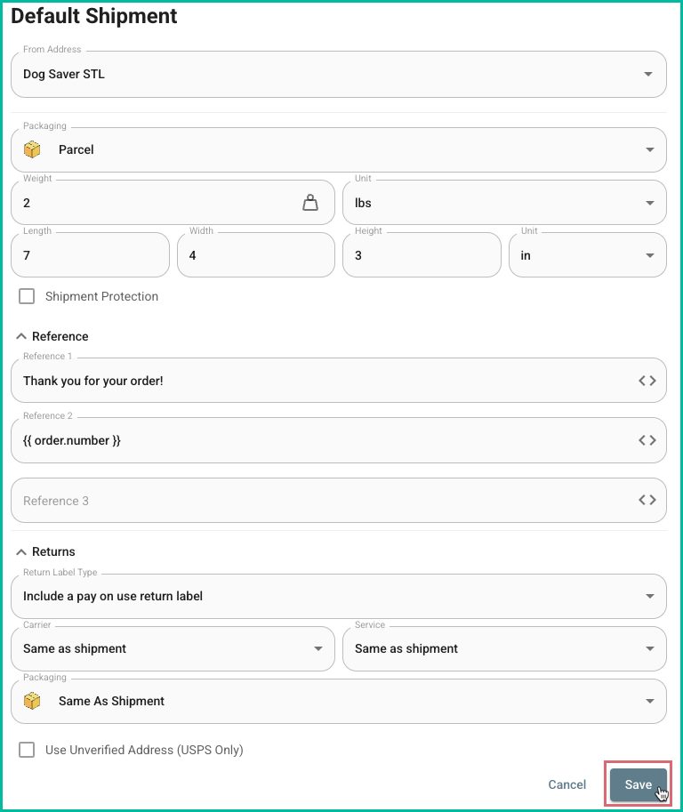 Default shipment settings form with packaging, weight, and dimensions configured