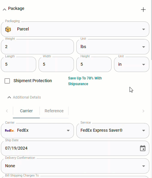 Adding a new package and configuring weight and dimensions in the Dock