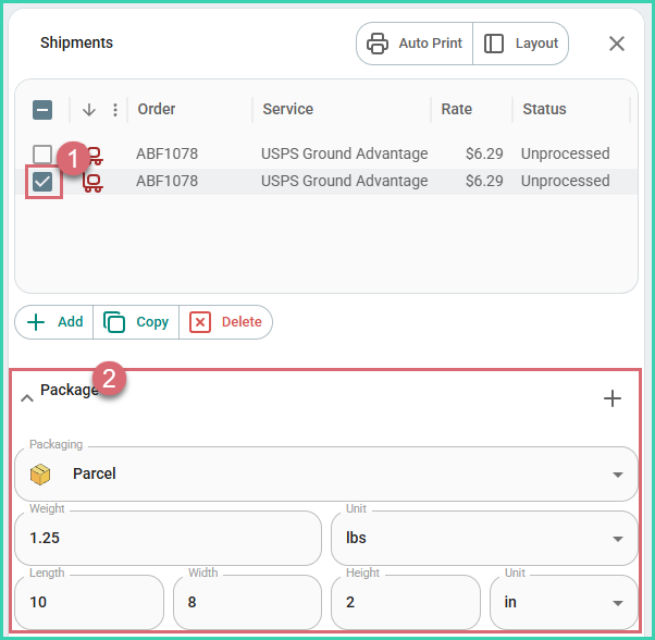 The copied shipment is selected and the packages section is expanded.