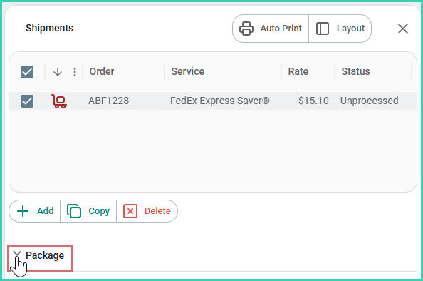 The Package section of the dock is being expanded.