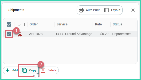 Select a shipment and click the Copy button in the Dock