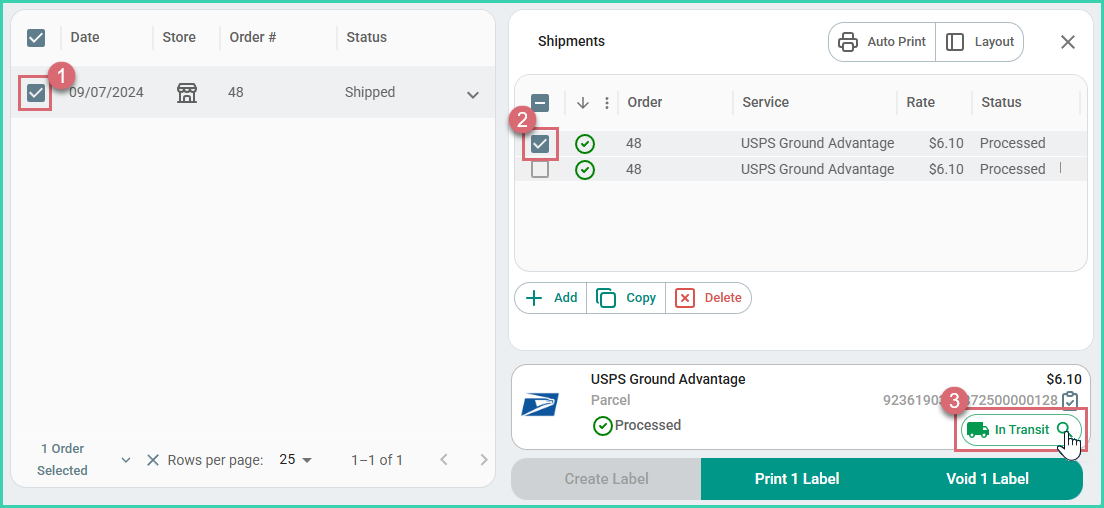 The orders is selected and the Dock is open. Only one shipments is selected and the tracking button is being clicked.