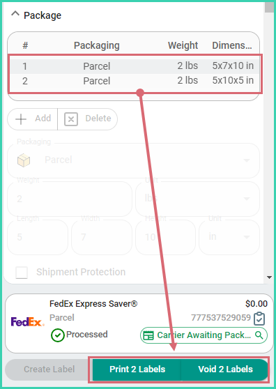 Labels created for multiple packages with Print and Void buttons updated