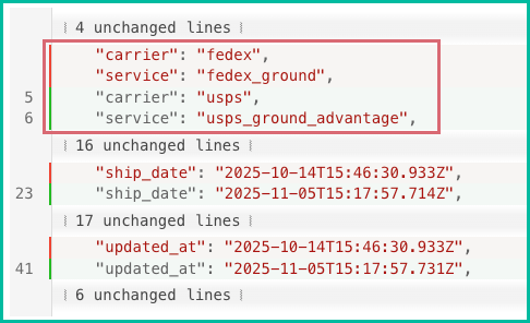 The record is shown and the lines showing that the carrier and service were changed are highlighted.