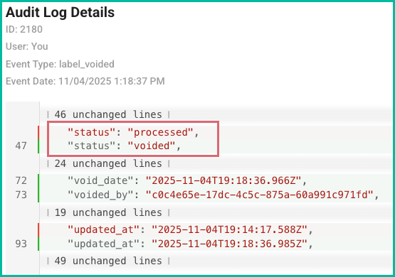 Audit log showing a label status changed from processed to voided