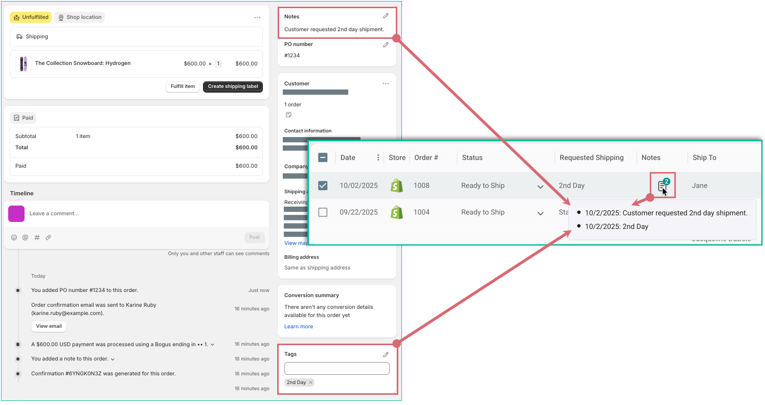 Shopify notes and tags shown as Notes in Postsale