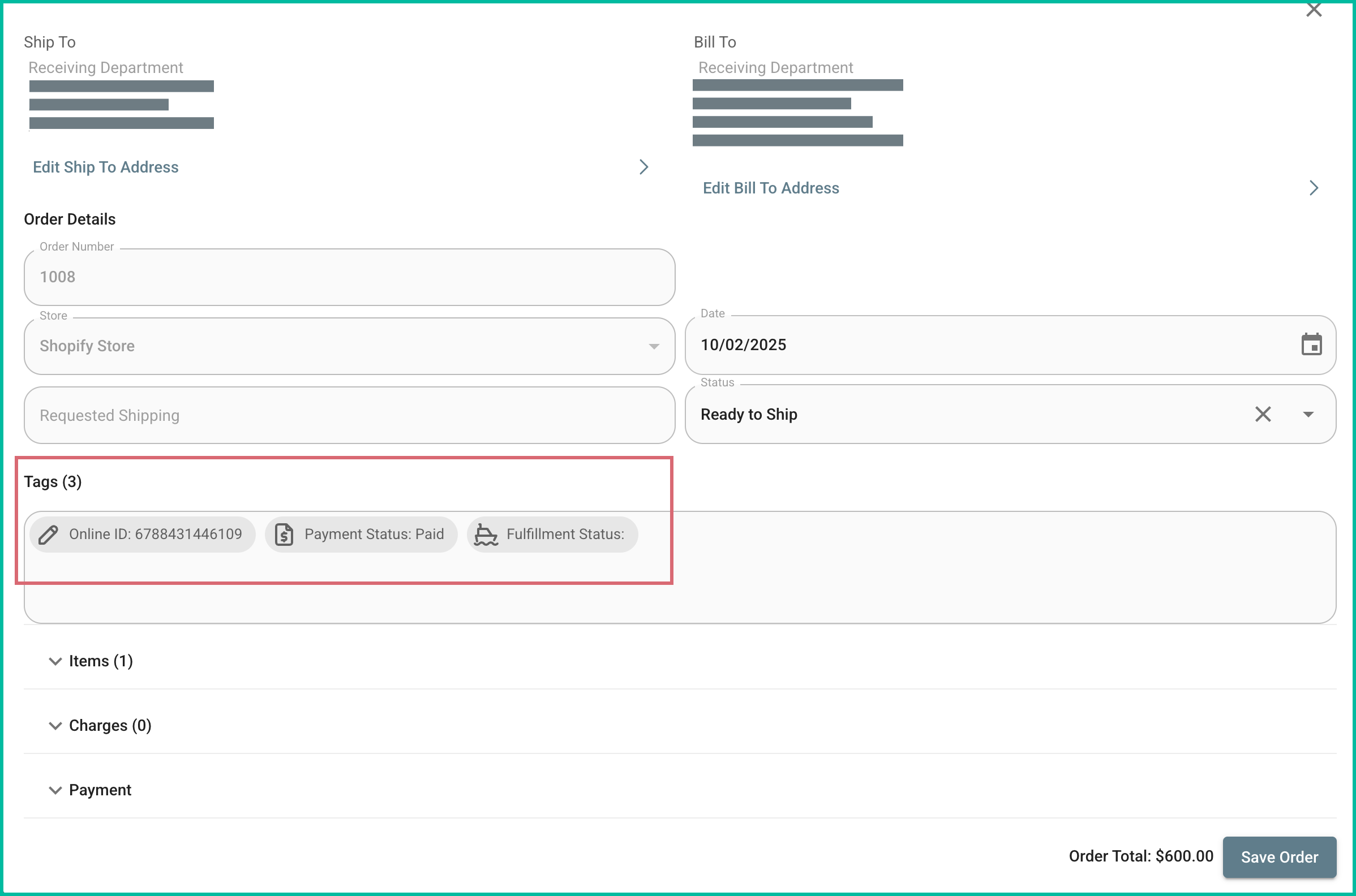 Shopify order tags displayed in the Postsale Order Editor
