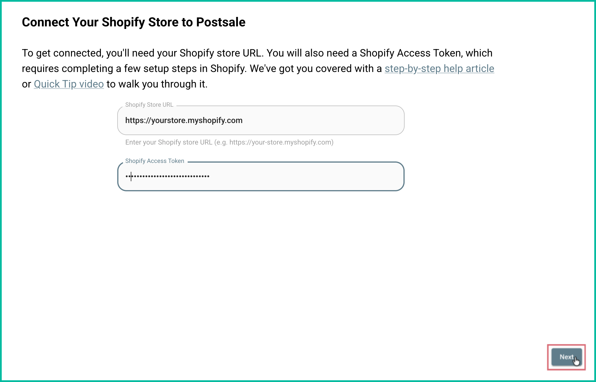 Next button on the Shopify connection screen in Postsale