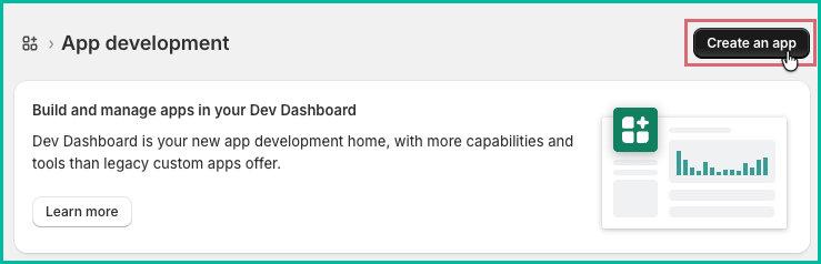 The create an app button is being clicked in Shopify.