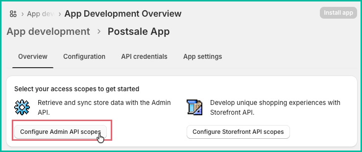 The configure Admin API scopes button is being clicked in Shopify.
