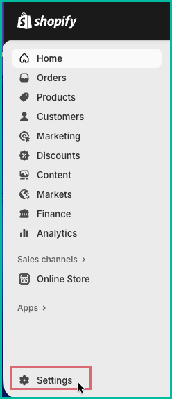 Settings is being clicked in the Shopify admin.