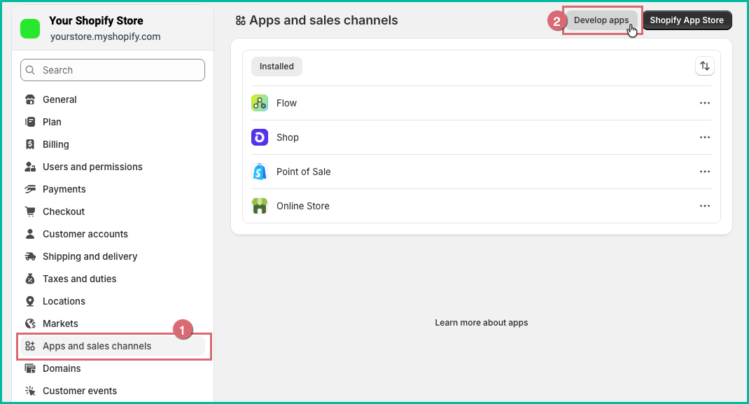 Shopify admin is open to the apps and sales channels screen and the develop apps button is being clicked.