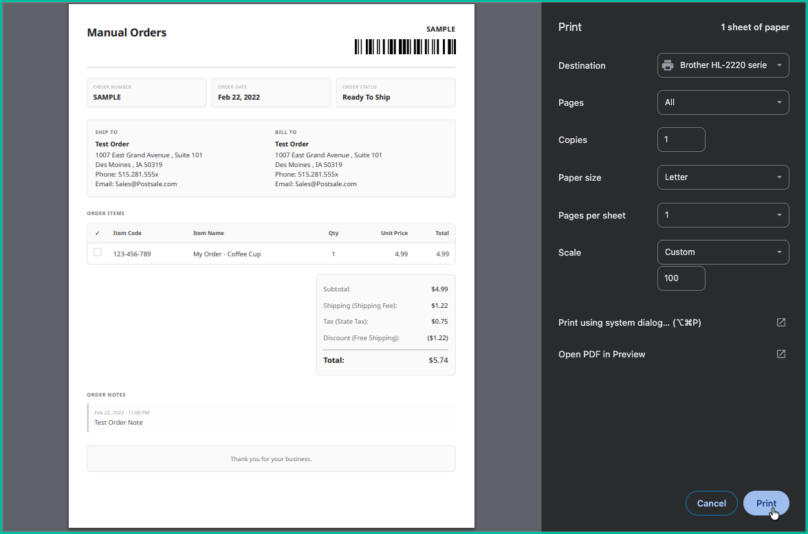 The print dialog is open, the invoice is shown and a printer has been selected.