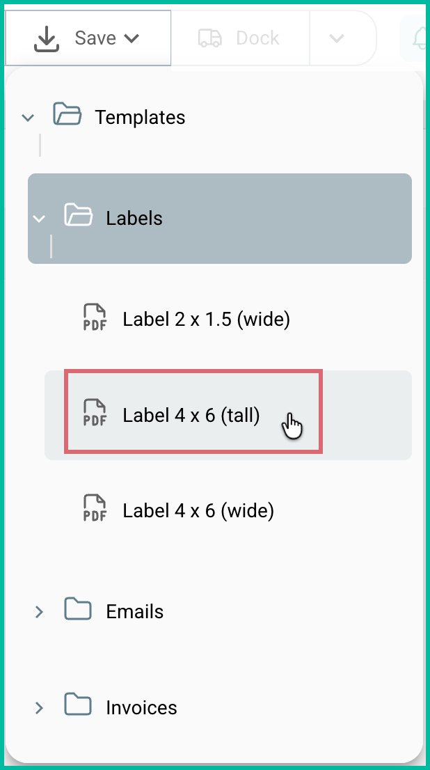 Label 4 x 6 tall template selected in the Save menu