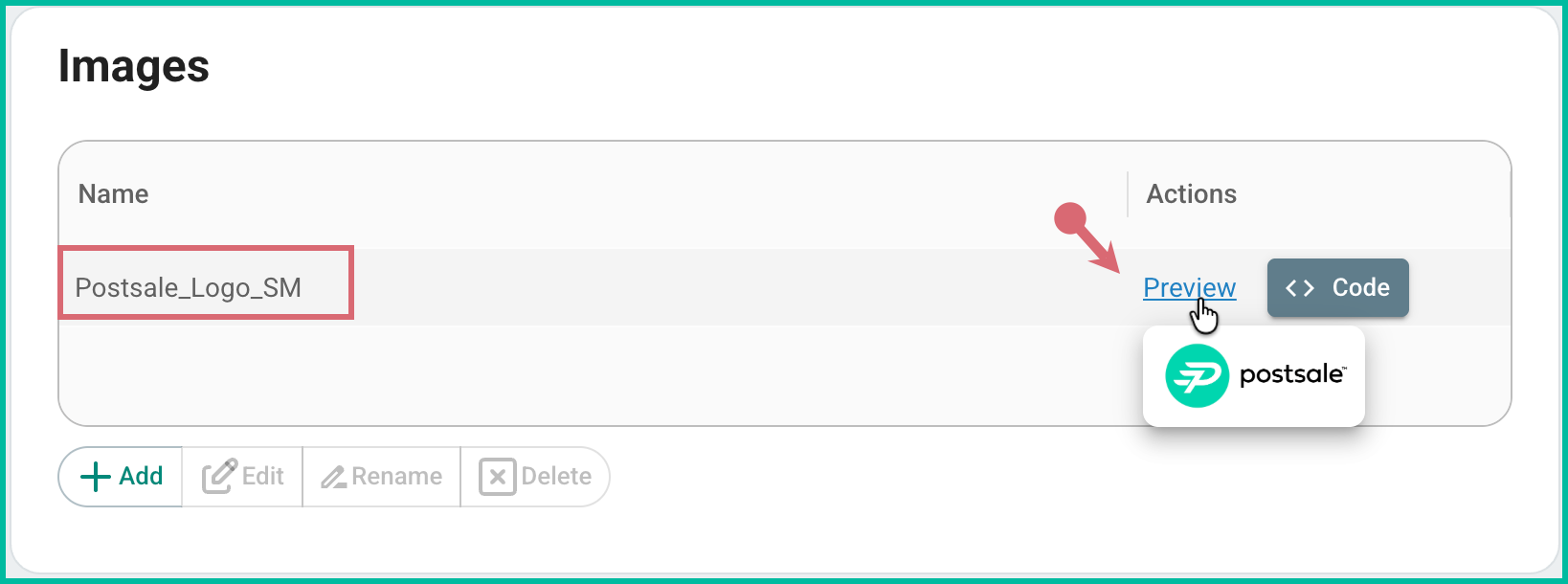 The image name is shown in the images panel. The preview is hovered over and a preview of the image is shown.