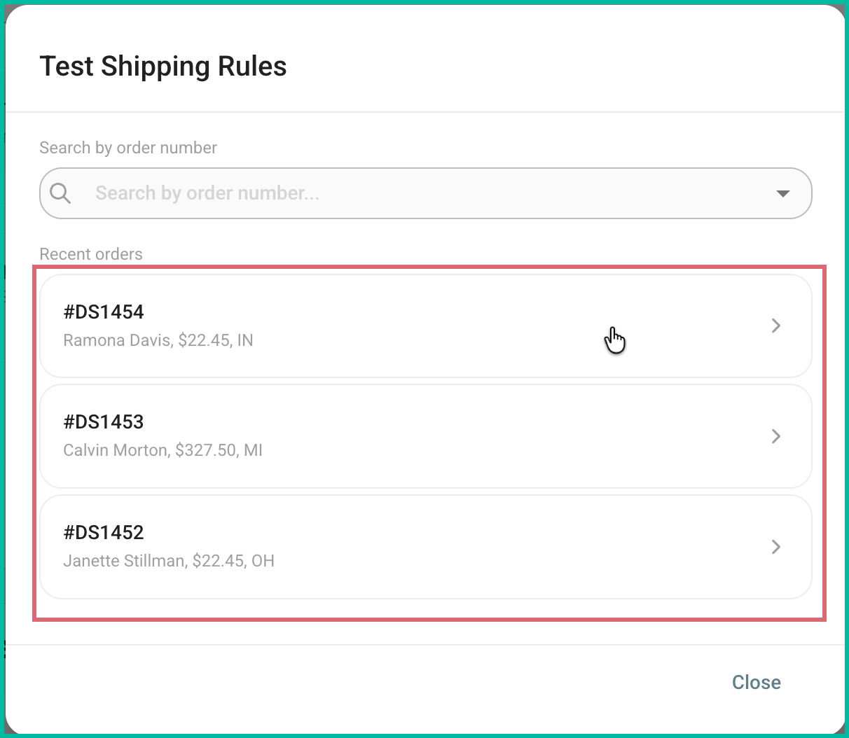 The first of the three listed orders is being clicked.