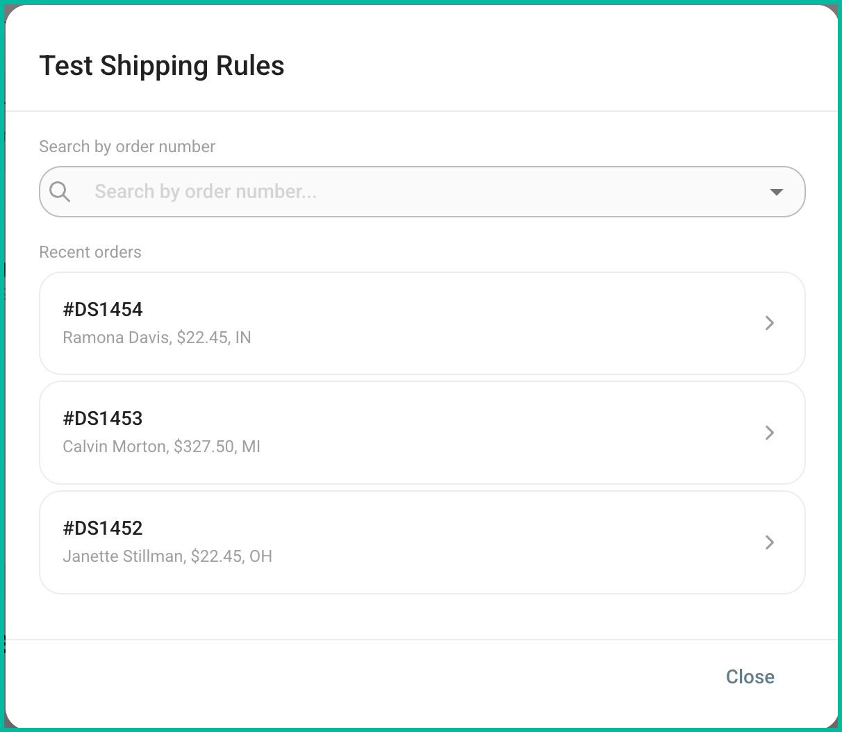 The test shipping rules pop-up is shown.