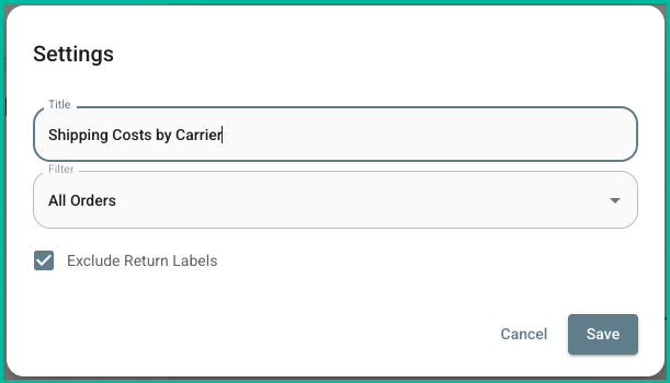 Shipping Costs by Carrier widget settings with filter and exclude options