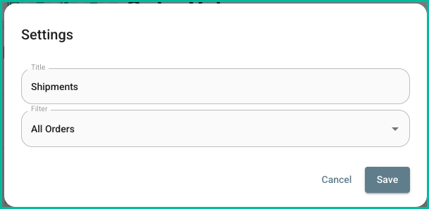 Shipments widget settings with Title and Filter options