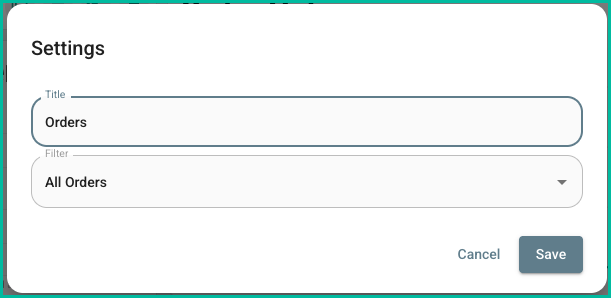 Orders widget settings with Title and Filter options