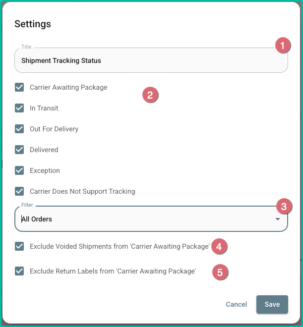 Shipment Tracking Status widget settings with statuses and filter options