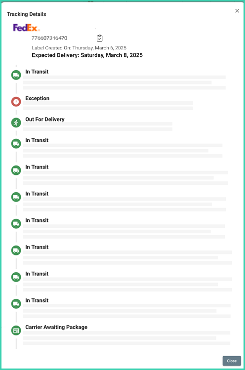 Tracking Details panel showing tracking number, events, and delivery date