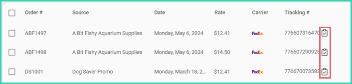 The clipboard icon to copy the tracking number is highlight in the orders grid.