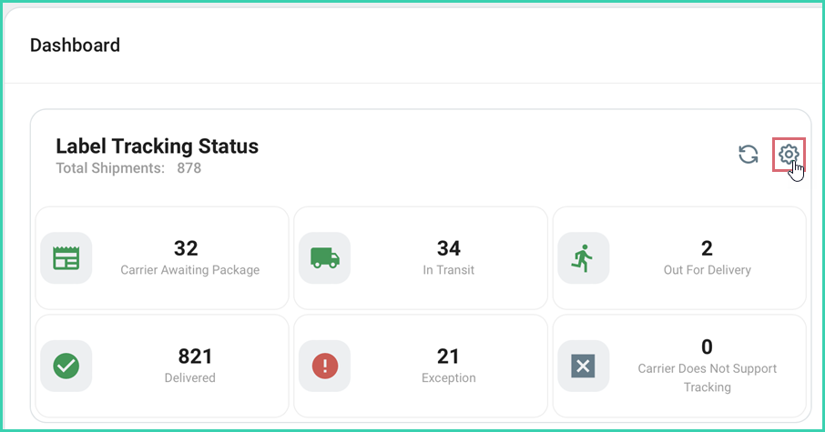 Click the Settings gear icon on the Label Tracking Status widget