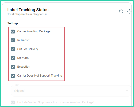 Widget settings showing which tracking statuses to display