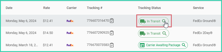 Click the magnifying glass icon on the Orders Grid to view tracking history
