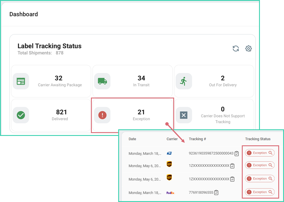 Click the Exception status on the Dashboard to view affected orders