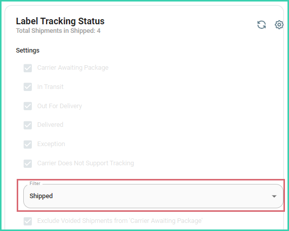 Widget settings showing the Filter drop-down selection