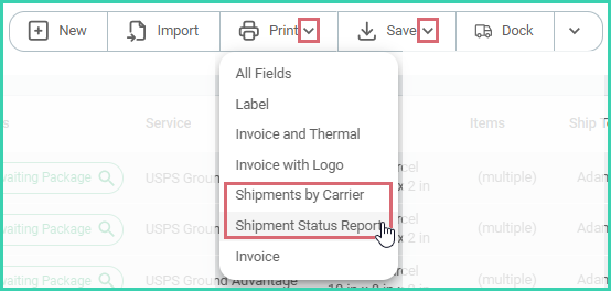 Print or Save report options in the Order Actions menu