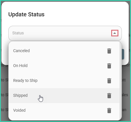 Update Status popup with the Status dropdown menu expanded
